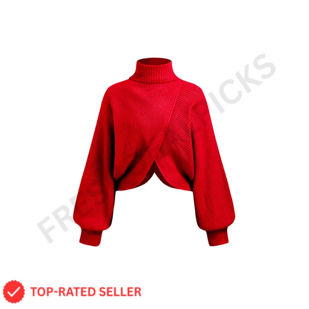 Cropped Turtleneck Sweater Long Sleeve Ribbed Knit Lantern Sleeve Pullover - Picture 1 of 7